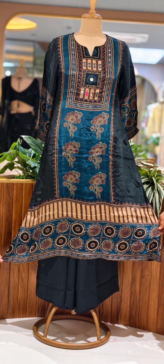 Butter Shine Crepe Fabric Abstract Ajrakh Print A-Line Full Suit Set With Dupatta- 15624