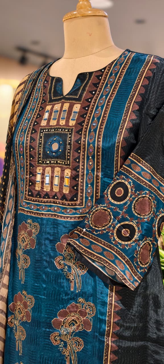 Butter Shine Crepe Fabric Abstract Ajrakh Print A-Line Full Suit Set With Dupatta- 15624