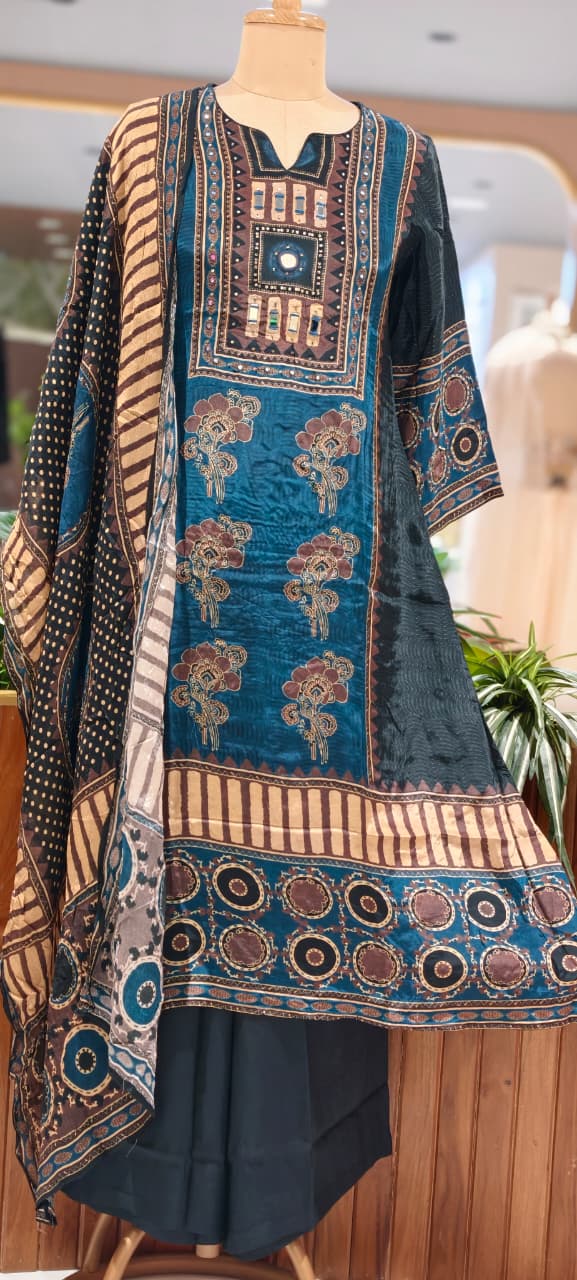 Butter Shine Crepe Fabric Abstract Ajrakh Print A-Line Full Suit Set With Dupatta- 15624