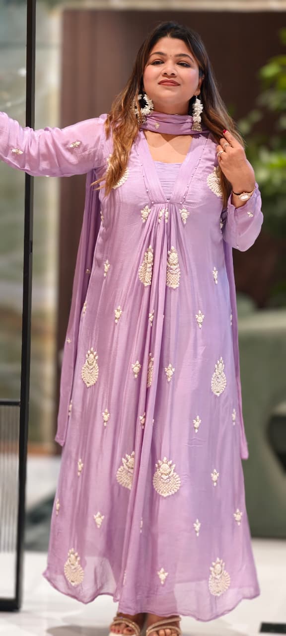 Premium Chinon Very Elegant Tiny Cut-Dana Embroidered Flowy Anarkali Full Suit Set With Dupatta- 15239
