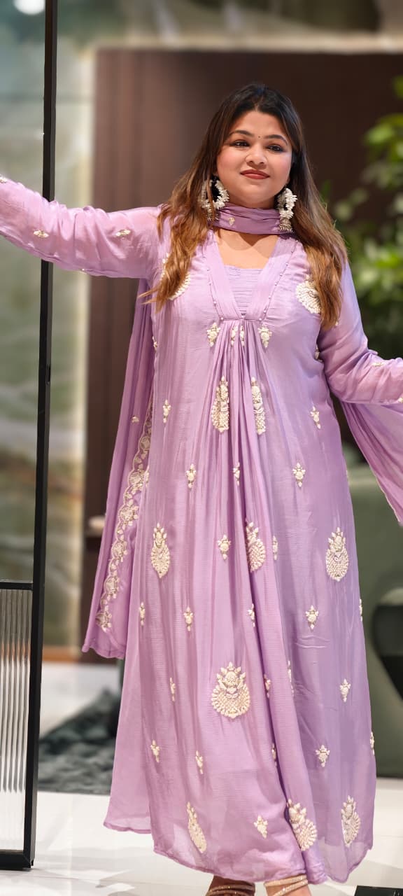 Premium Chinon Very Elegant Tiny Cut-Dana Embroidered Flowy Anarkali Full Suit Set With Dupatta- 15239