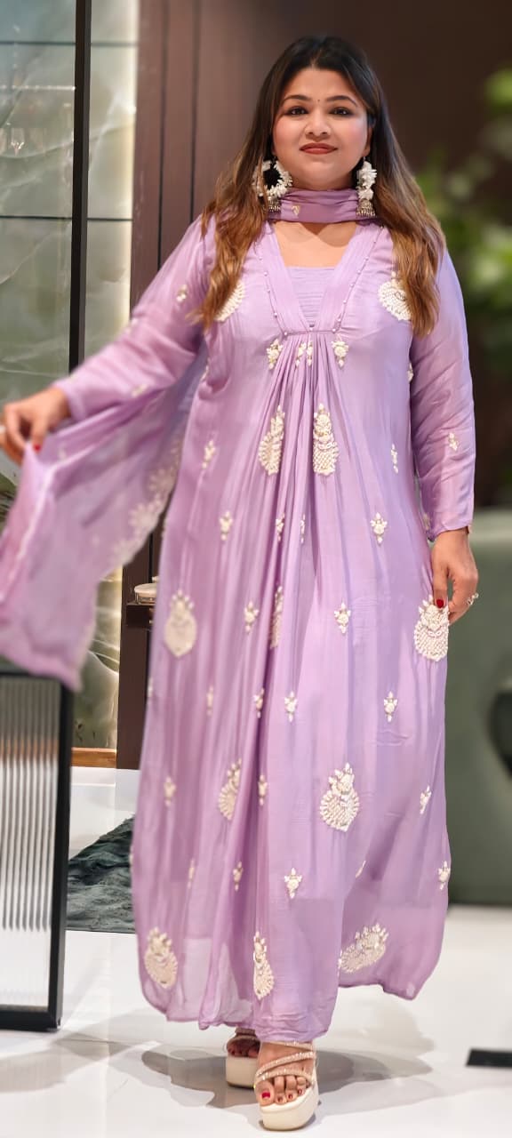 Premium Chinon Very Elegant Tiny Cut-Dana Embroidered Flowy Anarkali Full Suit Set With Dupatta- 15239