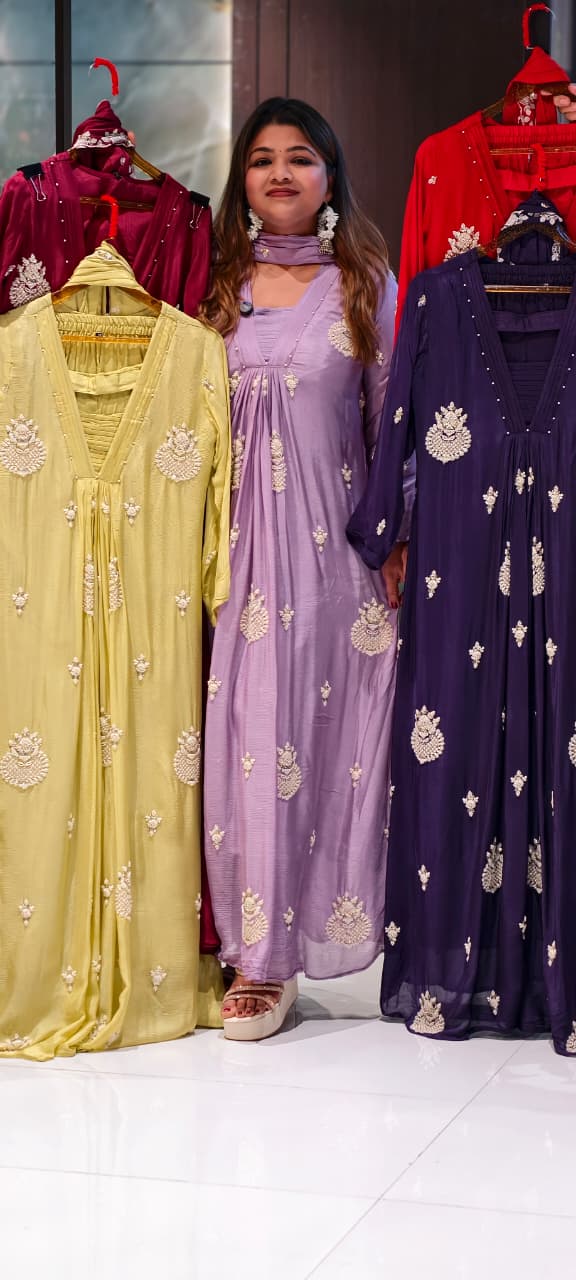 Premium Chinon Very Elegant Tiny Cut-Dana Embroidered Flowy Anarkali Full Suit Set With Dupatta- 15239