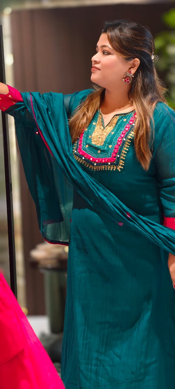 Contrasting Accents Embroidered A-Line Full Suit Set with Sequin-Work Yoke & Dupatta In Banarasi Mul Chanderi Fabric- 15704