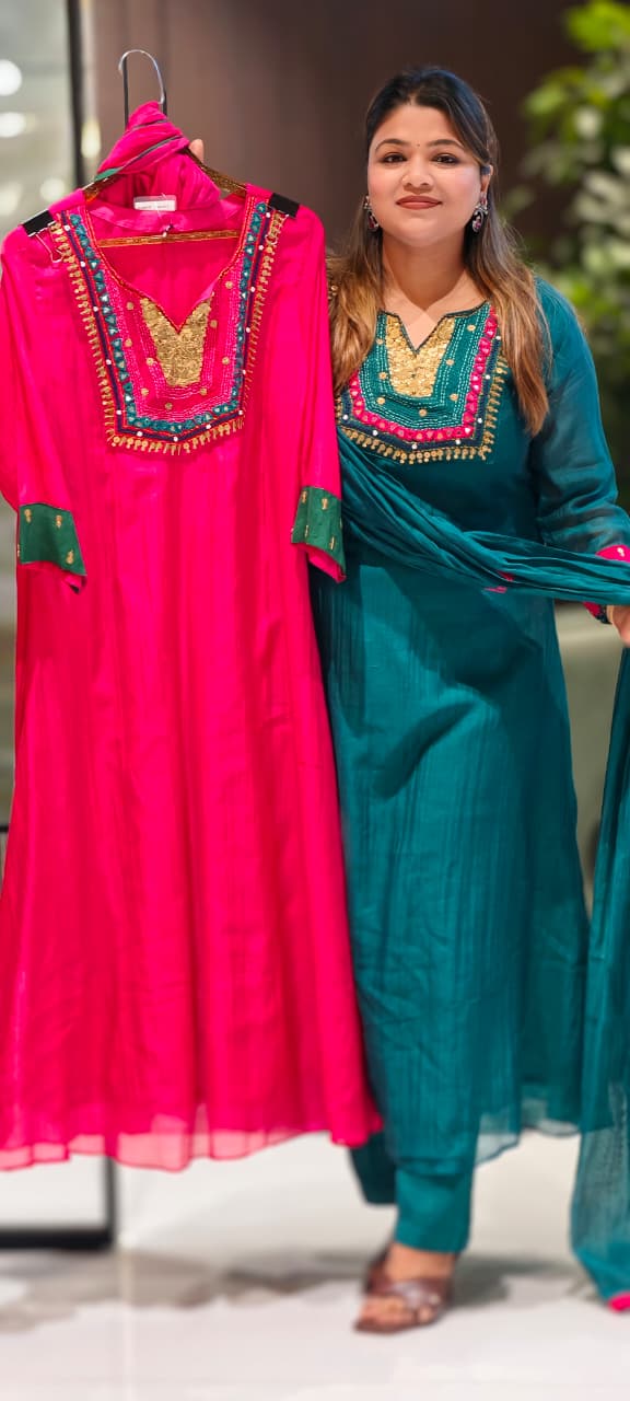 Contrasting Accents Embroidered A-Line Full Suit Set with Sequin-Work Yoke & Dupatta In Banarasi Mul Chanderi Fabric- 15704