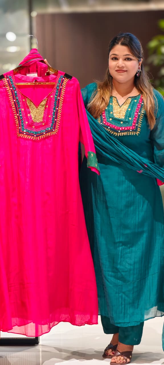 Contrasting Accents Embroidered A-Line Full Suit Set with Sequin-Work Yoke & Dupatta In Banarasi Mul Chanderi Fabric- 15704