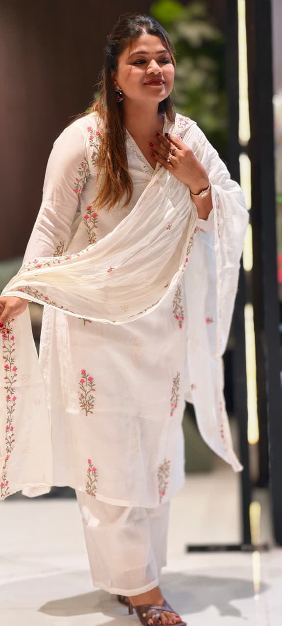 Fine Intricate Floral Embroidery Real Mirror Touch Pastel Shades Surat Mul-Chanderi A-Line Full Suit Set With Dupatta- 15679