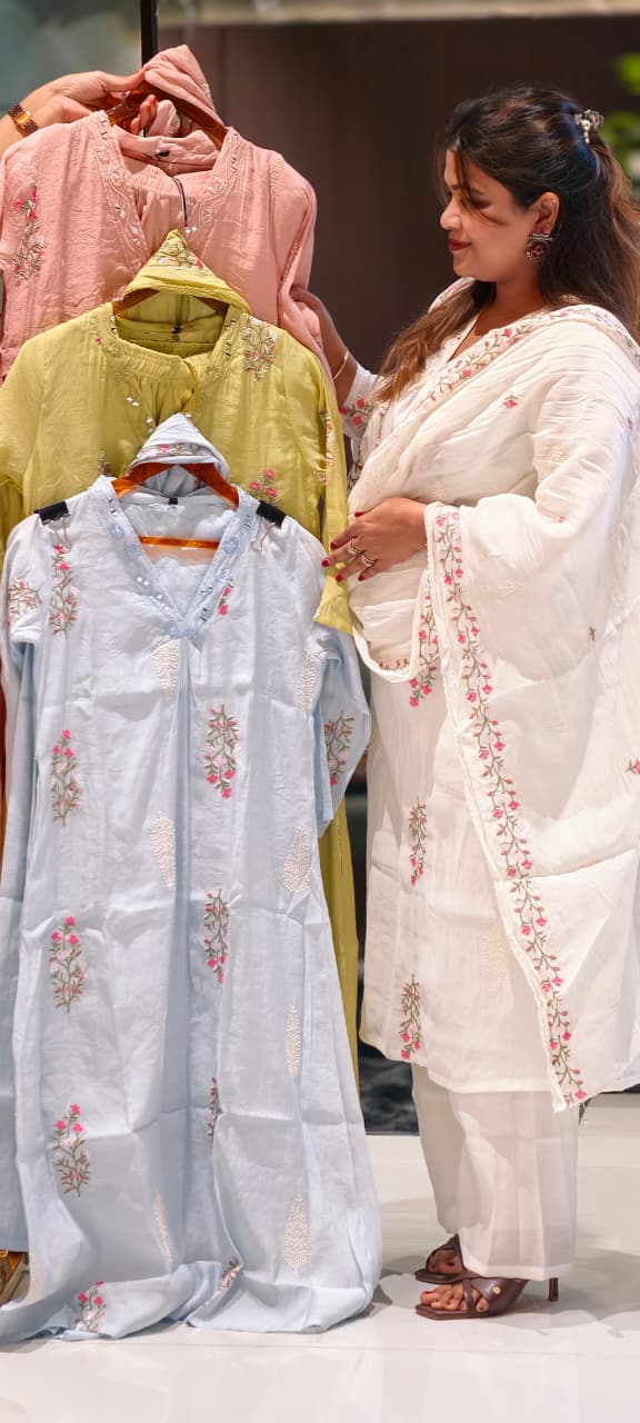 Fine Intricate Floral Embroidery Real Mirror Touch Pastel Shades Surat Mul-Chanderi A-Line Full Suit Set With Dupatta- 15679