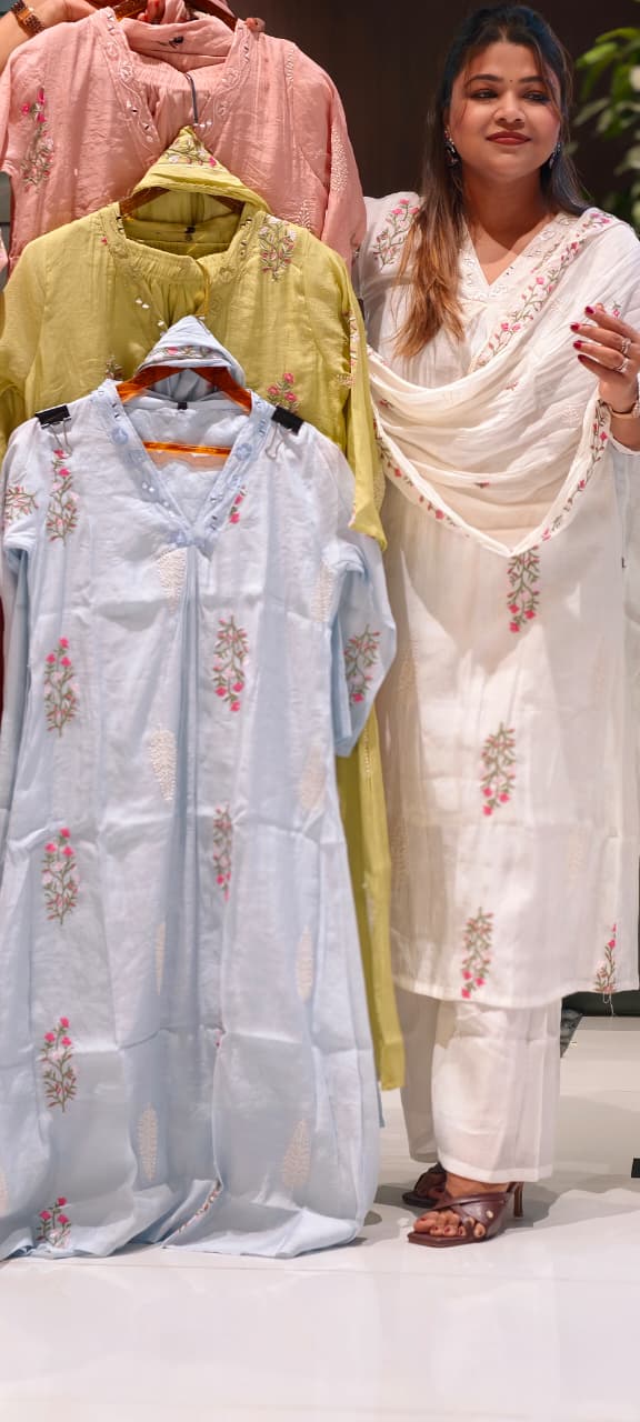 Fine Intricate Floral Embroidery Real Mirror Touch Pastel Shades Surat Mul-Chanderi A-Line Full Suit Set With Dupatta- 15679