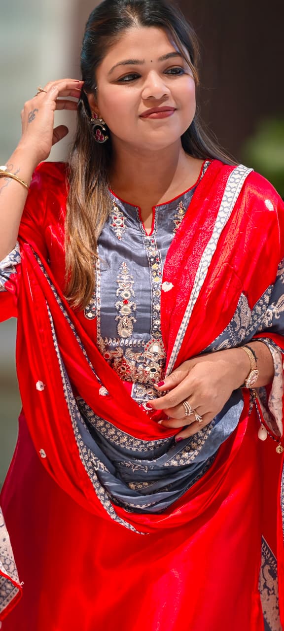 Kodi Accent Mirror Work Intricate Embroidery Printed Full Suit Set With Dupatta In Gajji Silk Fabric- 15678