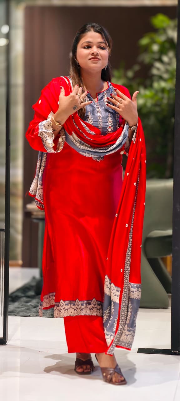 Kodi Accent Mirror Work Intricate Embroidery Printed Full Suit Set With Dupatta In Gajji Silk Fabric- 15678