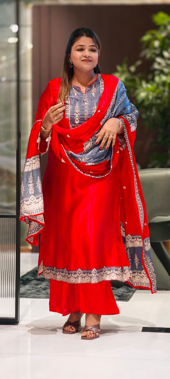 Kodi Accent Mirror Work Intricate Embroidery Printed Full Suit Set With Dupatta In Gajji Silk Fabric- 15678