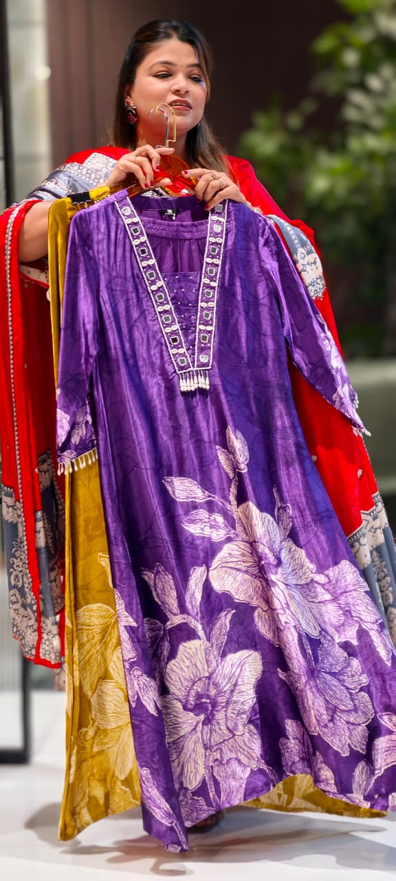 Flowy Gajji Silk Tassel Accent With Real Mirror & Kodi Detailing A-Line Kurta Pant Set- 15620