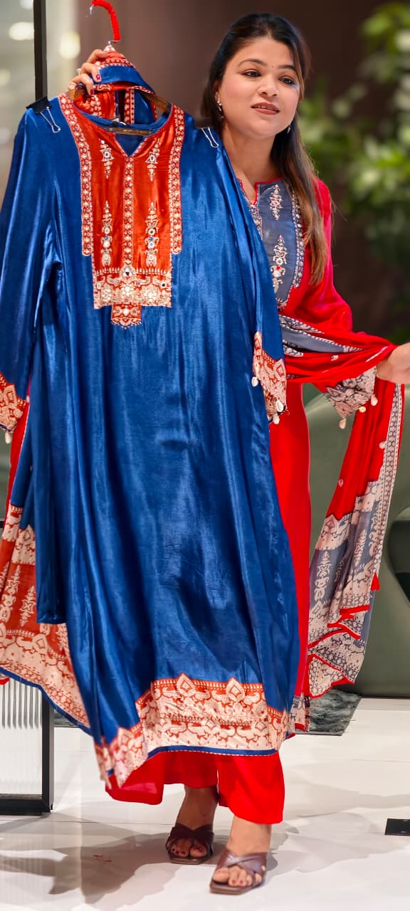 Kodi Accent Mirror Work Intricate Embroidery Printed Full Suit Set With Dupatta In Gajji Silk Fabric- 15678