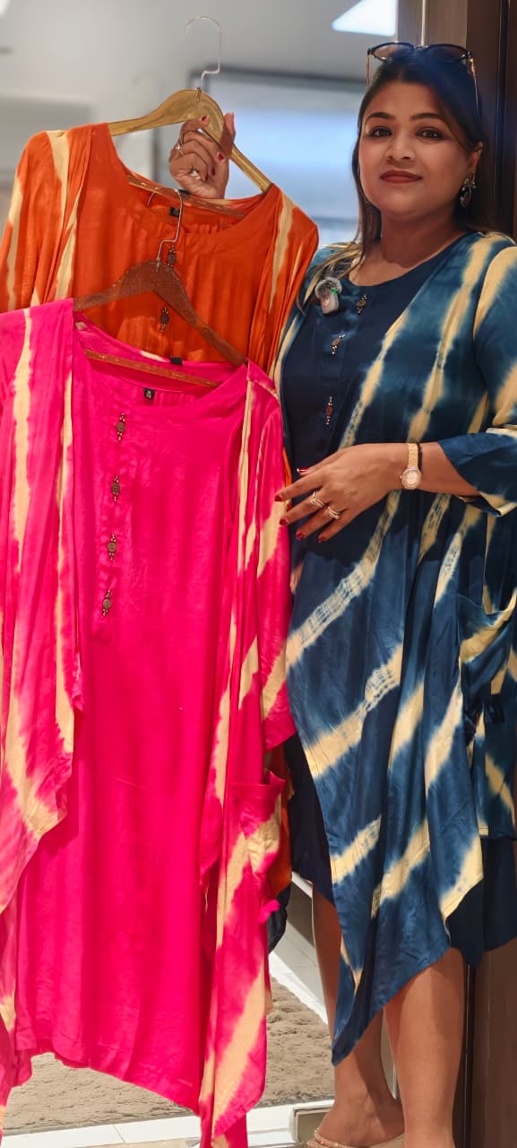 Slub Cotton Lehriya Shrug Below Knee Length Indowestern Frock-15582