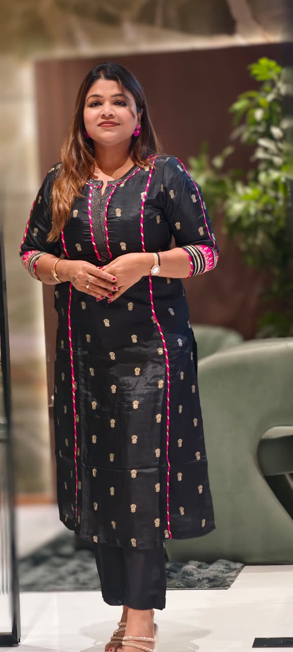 Traditional Silk Ethinc Kurta Pant Set With Pink & Golden Highlighted Pipings- 15535