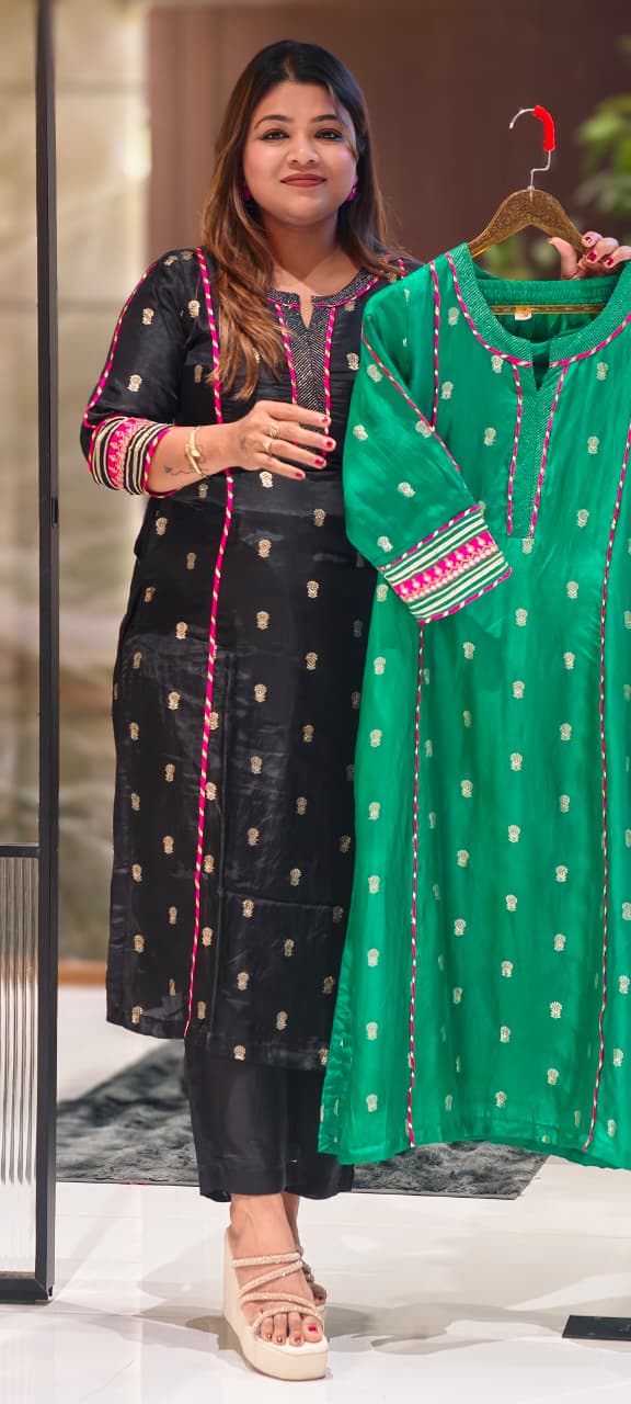 Traditional Silk Ethinc Kurta Pant Set With Pink & Golden Highlighted Pipings- 15535