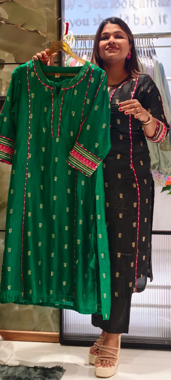 Traditional Silk Ethinc Kurta Pant Set With Pink & Golden Highlighted Pipings- 15535