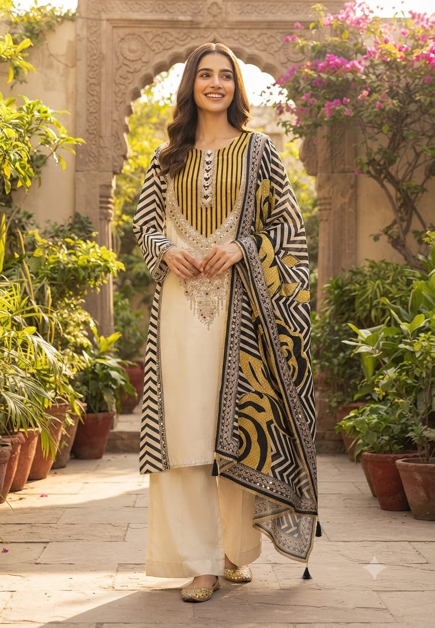 Black & Off-White Muslin Chevron Printed Mirror Work Embroidered Full Suit Set With Dupatta- 15742