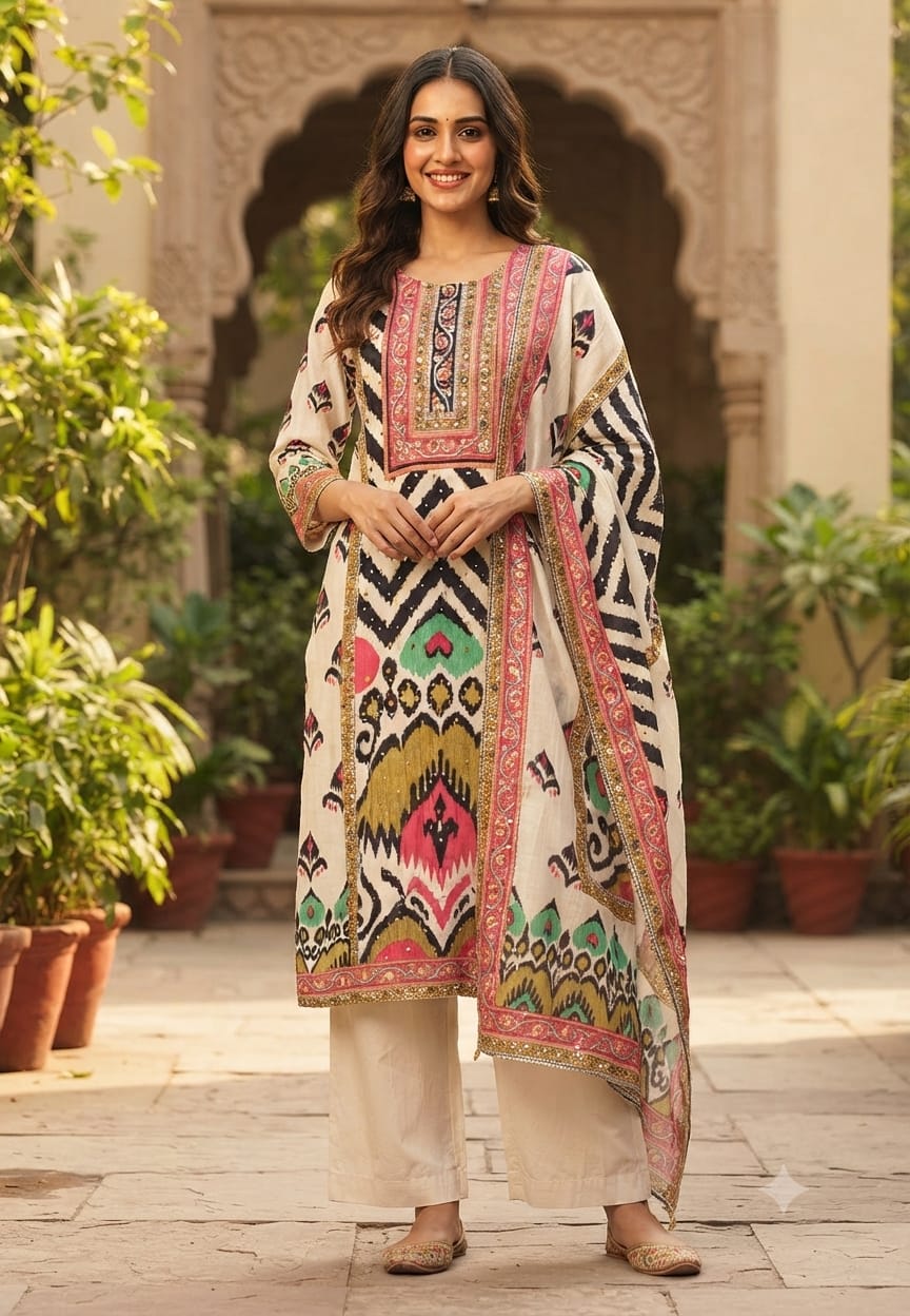 Multicolor Muslin Fabric Tribal Ikkat Motifs Straight Full Suit Set With Dupatta- 15740
