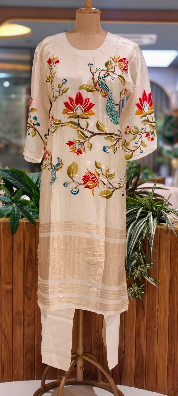 Premium Ivory Peacock & Floral Printed Straight Full Suit Set With Dupatta- 15751