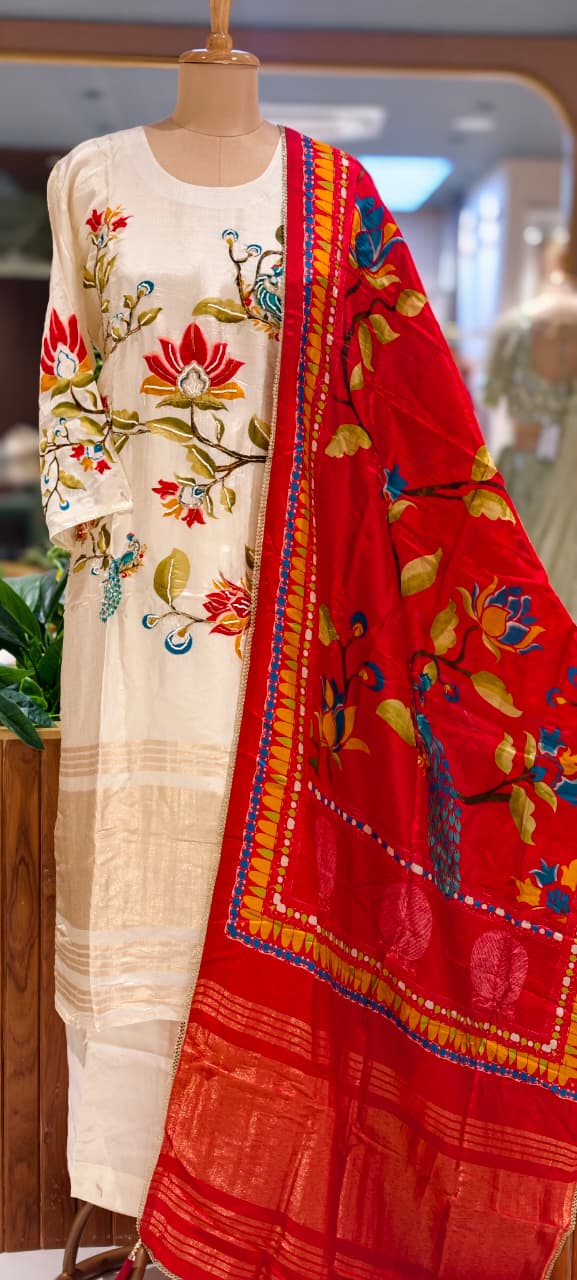 Premium Ivory Peacock & Floral Printed Straight Full Suit Set With Dupatta- 15751