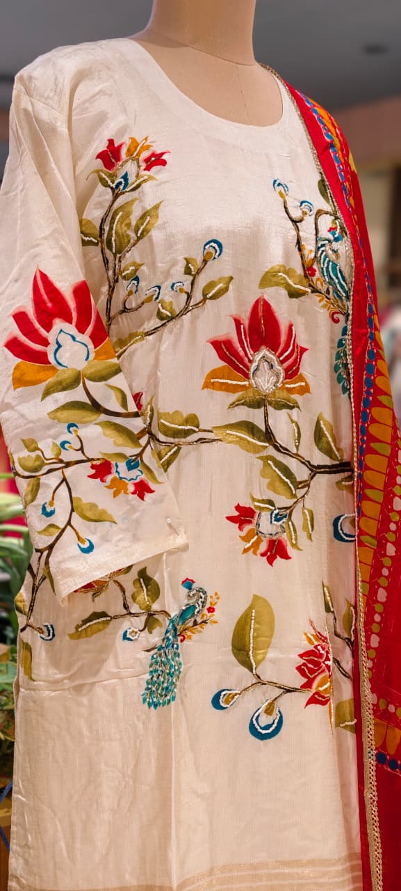 Premium Ivory Peacock & Floral Printed Straight Full Suit Set With Dupatta- 15751