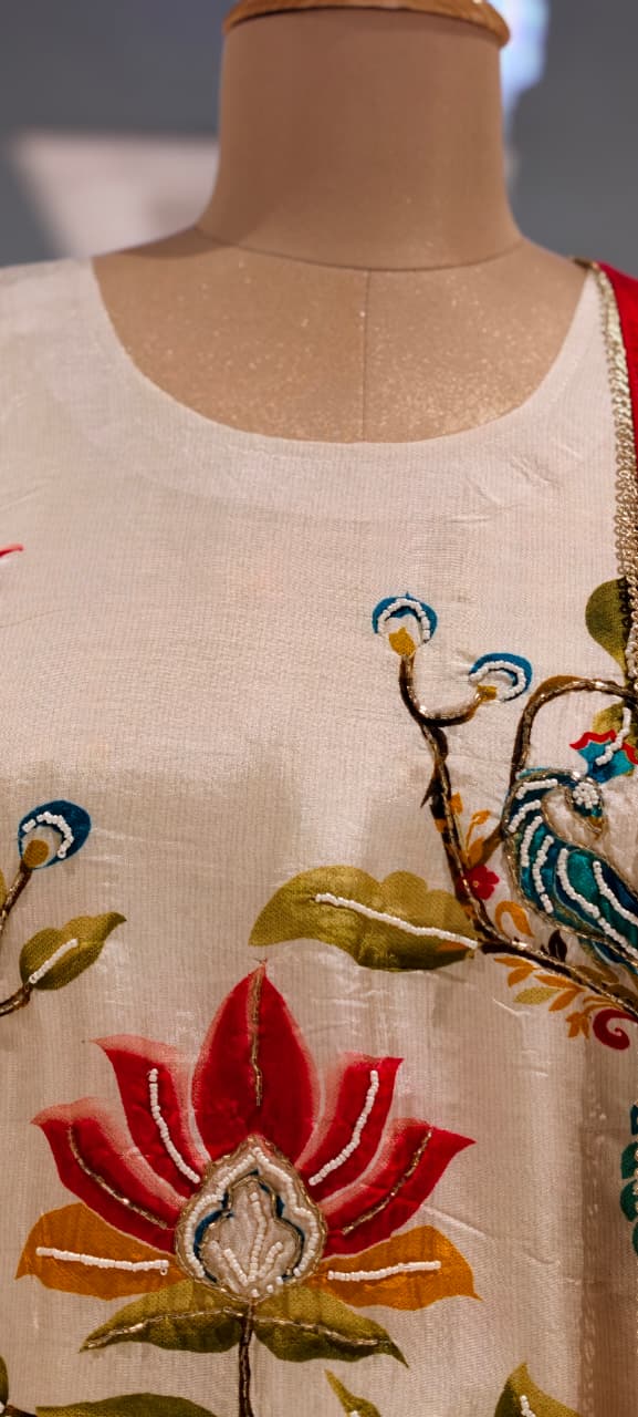 Premium Ivory Peacock & Floral Printed Straight Full Suit Set With Dupatta- 15751