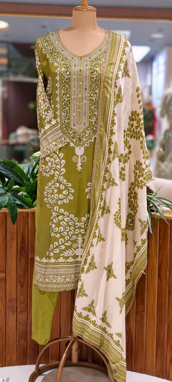 Mehendi Green Muslin Fabric Traditional Paisley Motif Printed & Mirror-Work Yoke Ethnic Full Suit Set with Dupatta- 15733