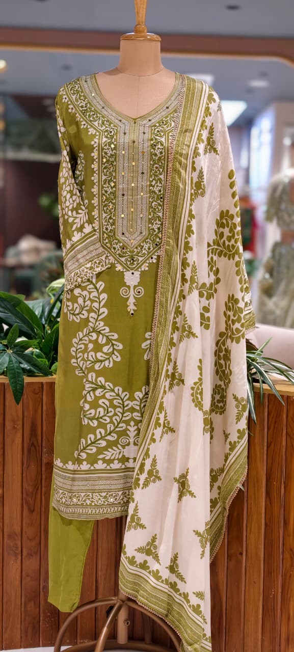 Mehendi Green Muslin Fabric Traditional Paisley Motif Printed & Mirror-Work Yoke Ethnic Full Suit Set with Dupatta- 15733