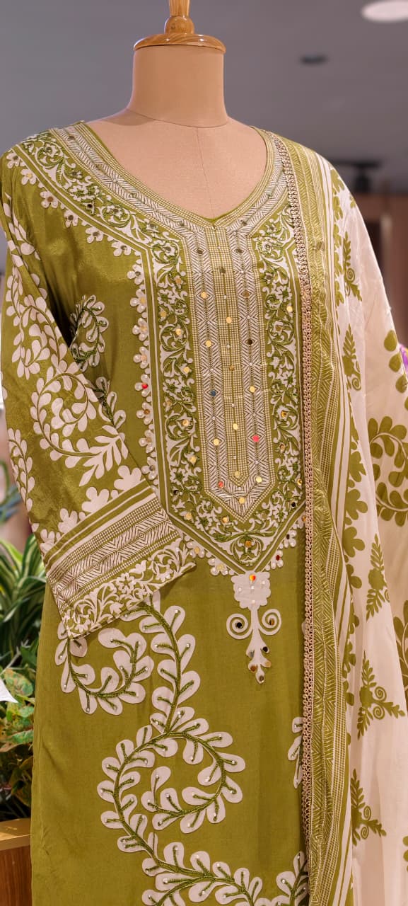 Mehendi Green Muslin Fabric Traditional Paisley Motif Printed & Mirror-Work Yoke Ethnic Full Suit Set with Dupatta- 15733