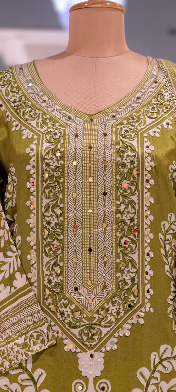 Mehendi Green Muslin Fabric Traditional Paisley Motif Printed & Mirror-Work Yoke Ethnic Full Suit Set with Dupatta- 15733