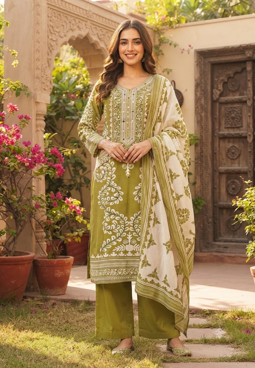 Mehendi Green Muslin Fabric Traditional Paisley Motif Printed & Mirror-Work Yoke Ethnic Full Suit Set with Dupatta- 15733