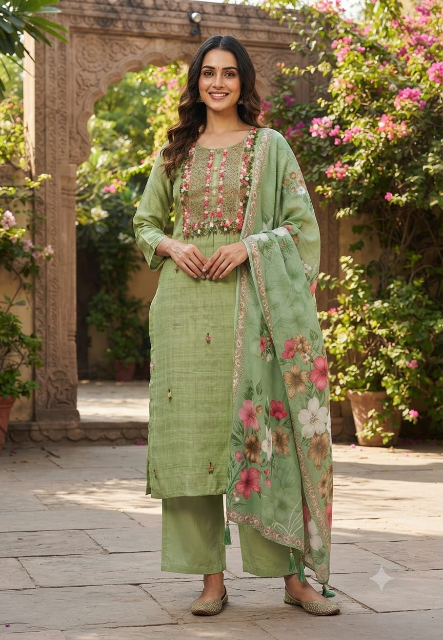 Surat Mul Chanderi Floral Thread Embroidered Ethnic Full Suit Set With Printed Dupatta- 15747