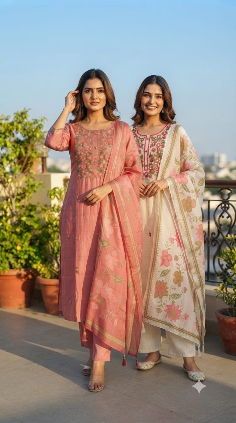 Crochet Floral Katha Embroidered Yoke Surat Mul-Chanderi Straight Full Suit Set With Dupatta- 15746