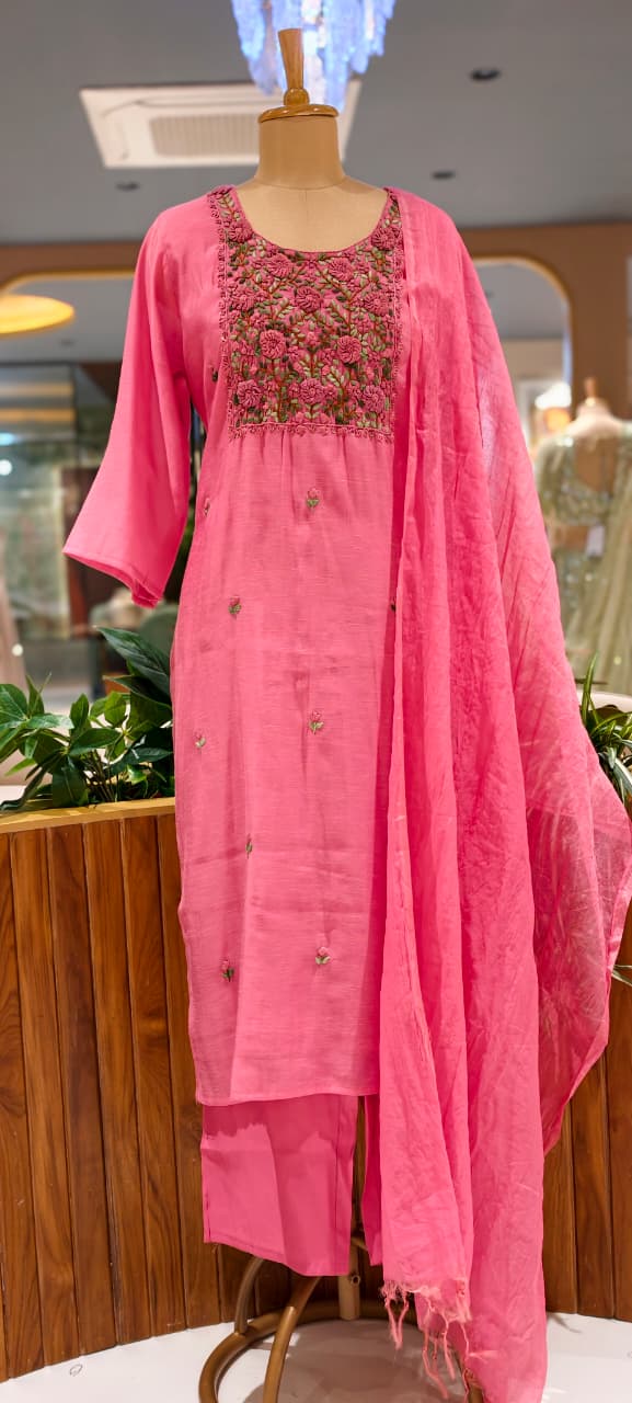 Surat Mulchanderi Rose Floral Crochet Embroidered Work Yoke Full Suit Set With Dupatta- 15745
