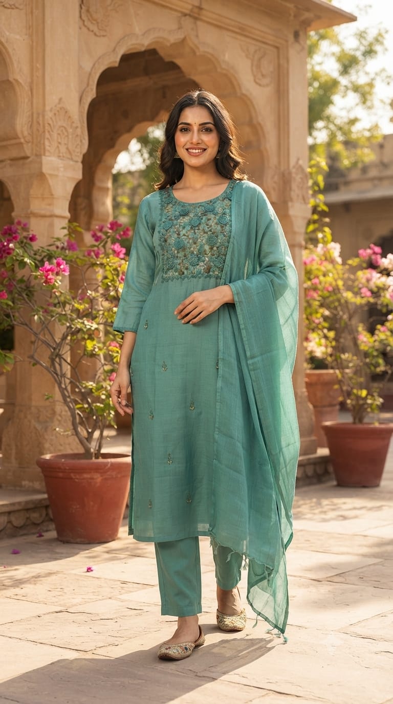 Surat Mulchanderi Rose Floral Crochet Embroidered Work Yoke Full Suit Set With Dupatta- 15745