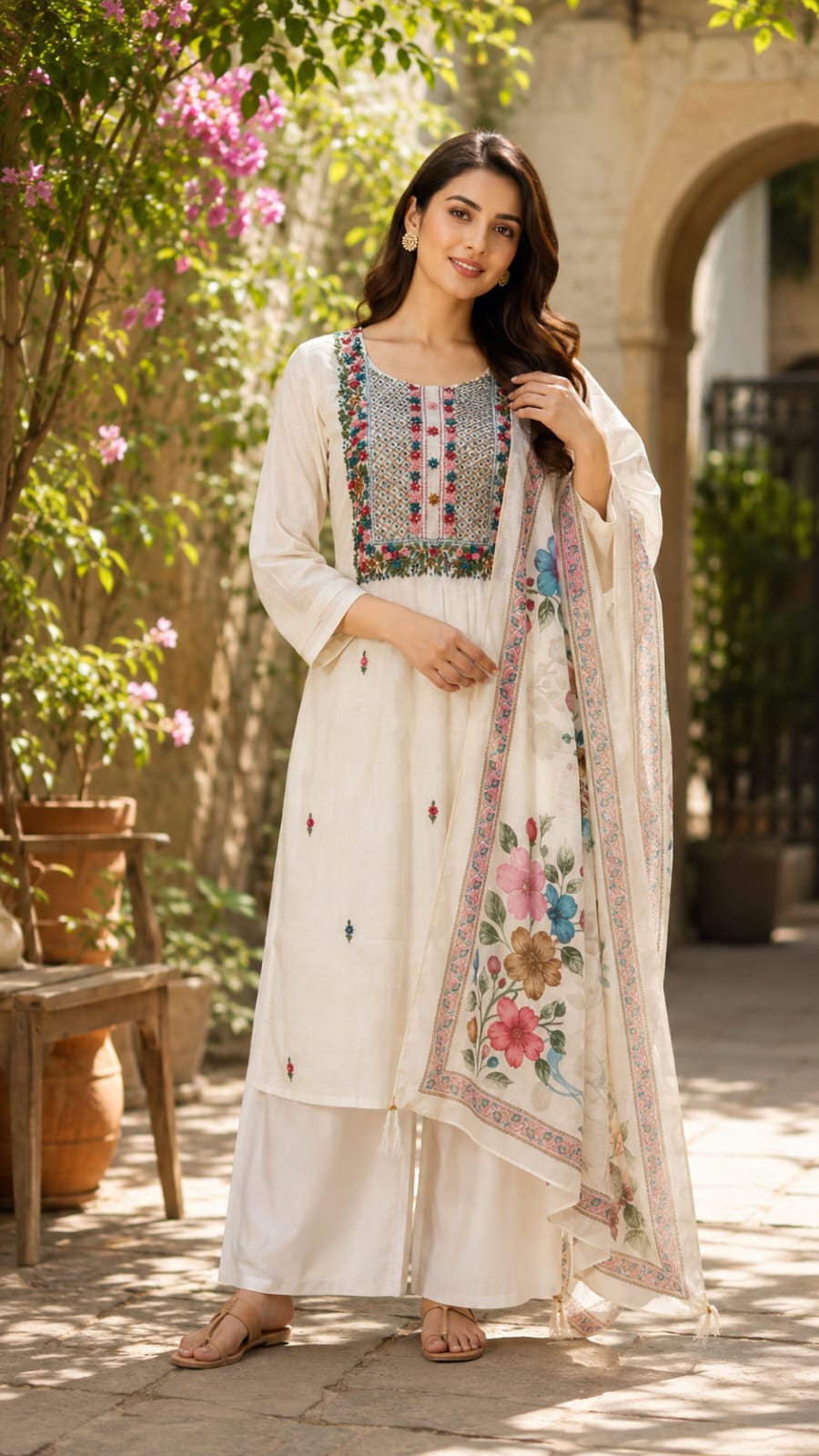 Surat Mul Chanderi Floral Thread Embroidered Ethnic Full Suit Set With Printed Dupatta- 15747