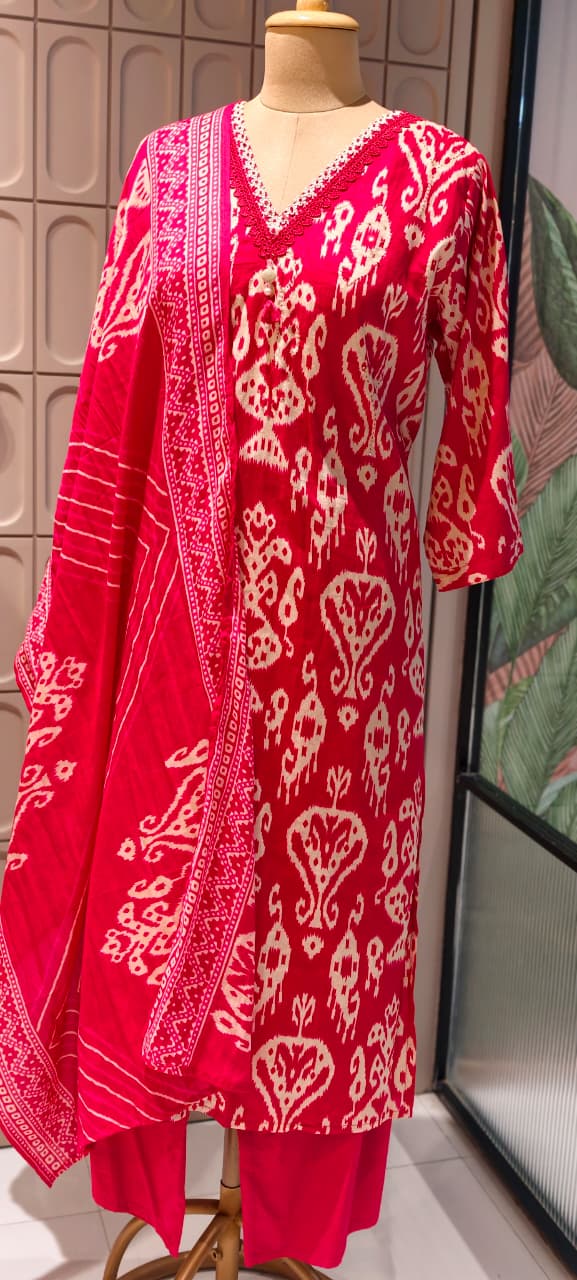 Lace Neckline Ikkat Print Breathable Cotton Full Suit Set With Dupatta- 15750
