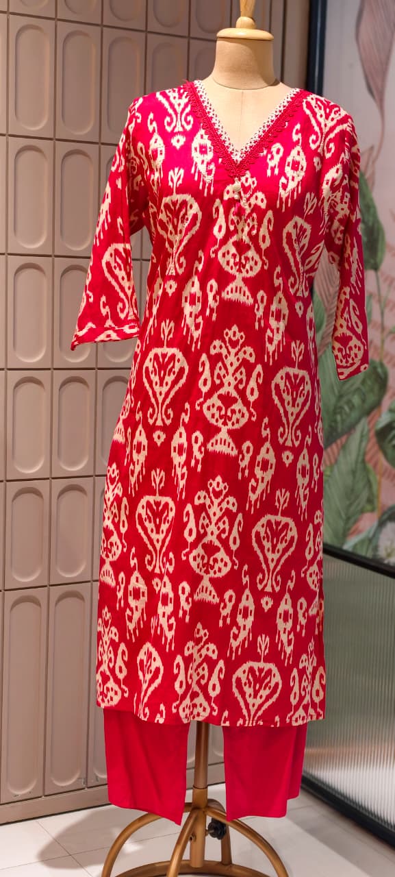 Lace Neckline Ikkat Print Breathable Cotton Full Suit Set With Dupatta- 15750