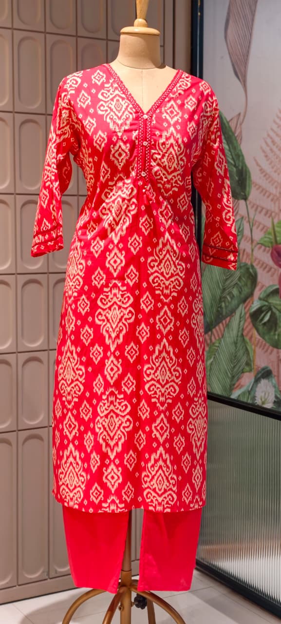 Ikkat Print Light Weight Cotton Full Suit Set With Dupatta With Minimal Neckline- 15749