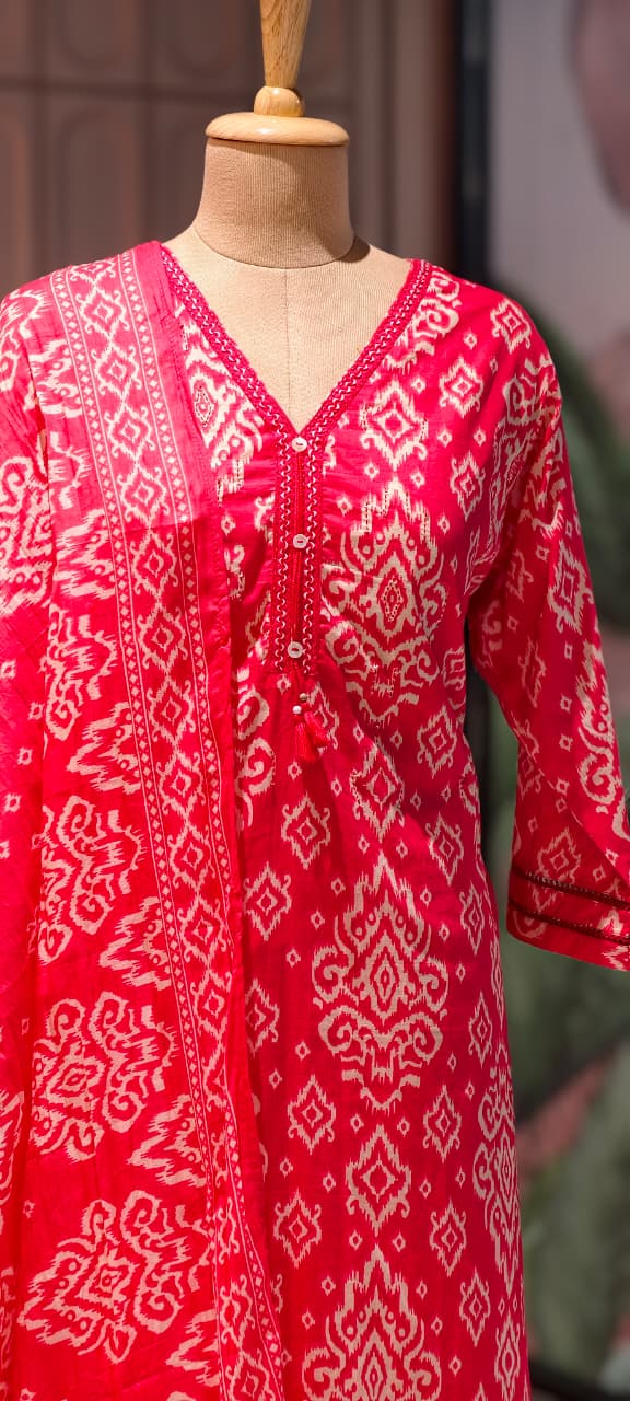 Ikkat Print Light Weight Cotton Full Suit Set With Dupatta With Minimal Neckline- 15749