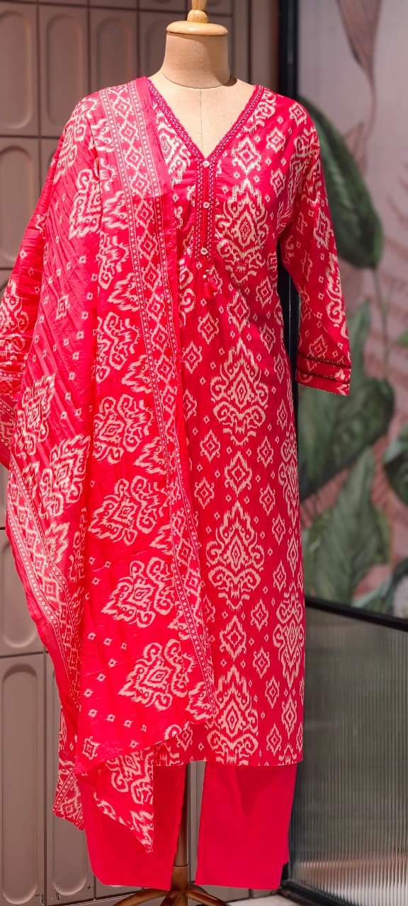 Ikkat Print Light Weight Cotton Full Suit Set With Dupatta With Minimal Neckline- 15749