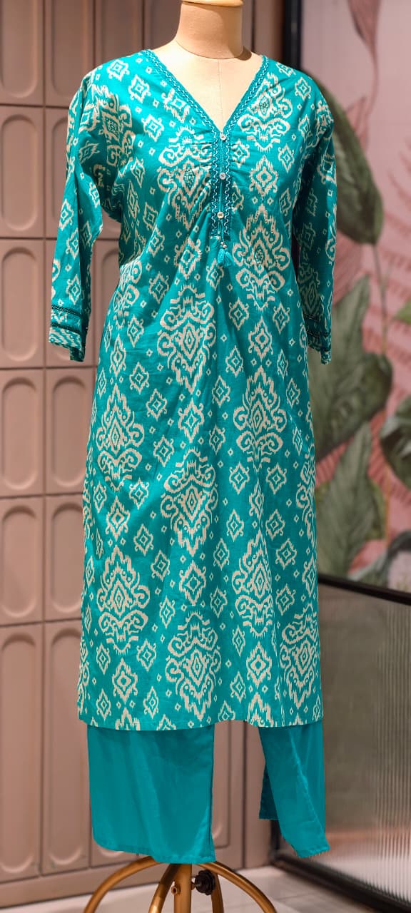 Ikkat Print Light Weight Cotton Full Suit Set With Dupatta With Minimal Neckline- 15749