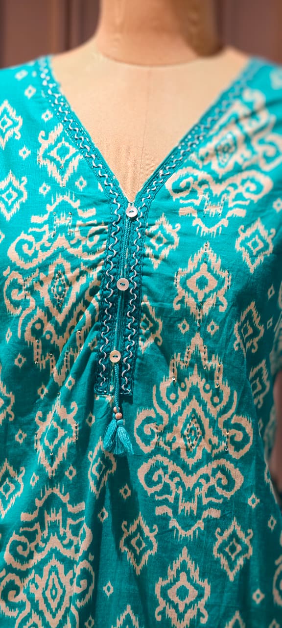Ikkat Print Light Weight Cotton Full Suit Set With Dupatta With Minimal Neckline- 15749