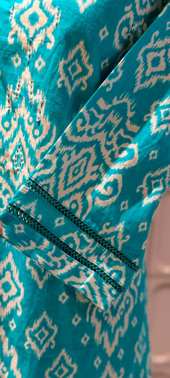 Ikkat Print Light Weight Cotton Full Suit Set With Dupatta With Minimal Neckline- 15749