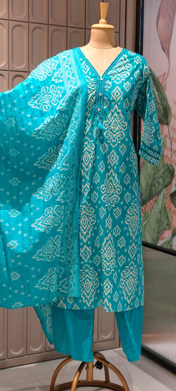 Ikkat Print Light Weight Cotton Full Suit Set With Dupatta With Minimal Neckline- 15749