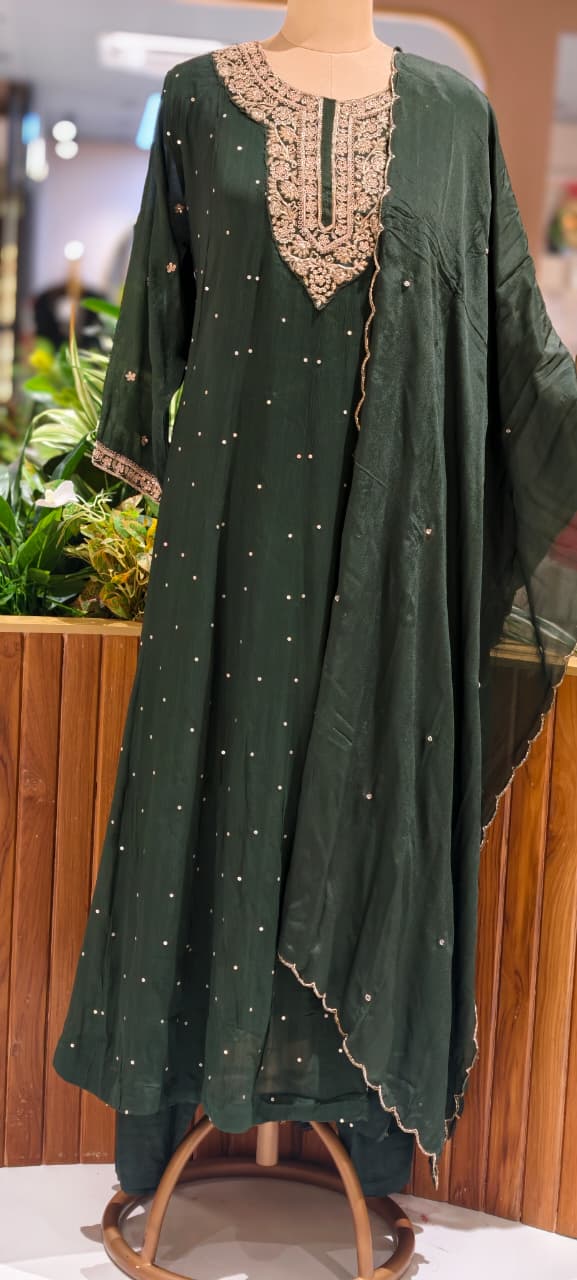 Zardosi Neckline Scattered Shimmer Chinon Panel Anarkali Full Suit Set With Dupatta- 15503