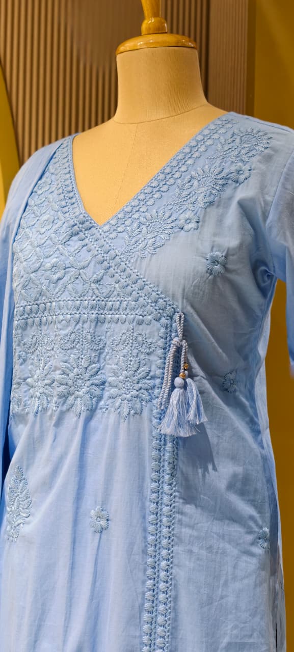 Royal Chikankari Angrakha Pattern Cotton Full Suit Set With Dupatta- 15648