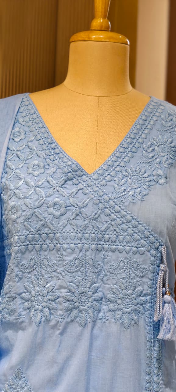 Royal Chikankari Angrakha Pattern Cotton Full Suit Set With Dupatta- 15648